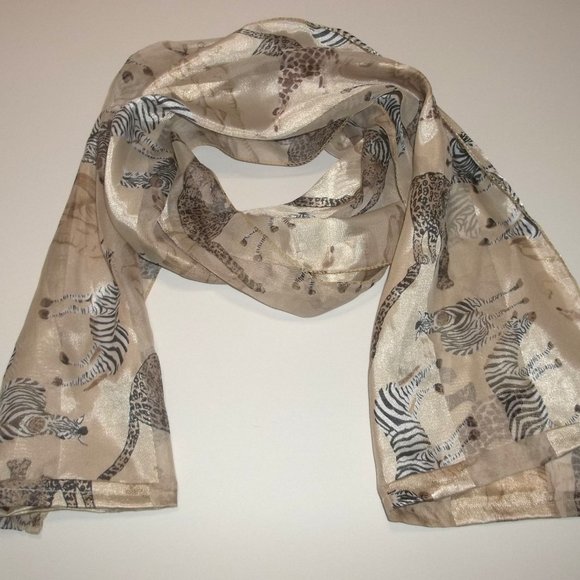 Scarf Animal Print Leopard Zebra Elephant Giraffe Brown Black White Safari S14 - Picture 6 of 7